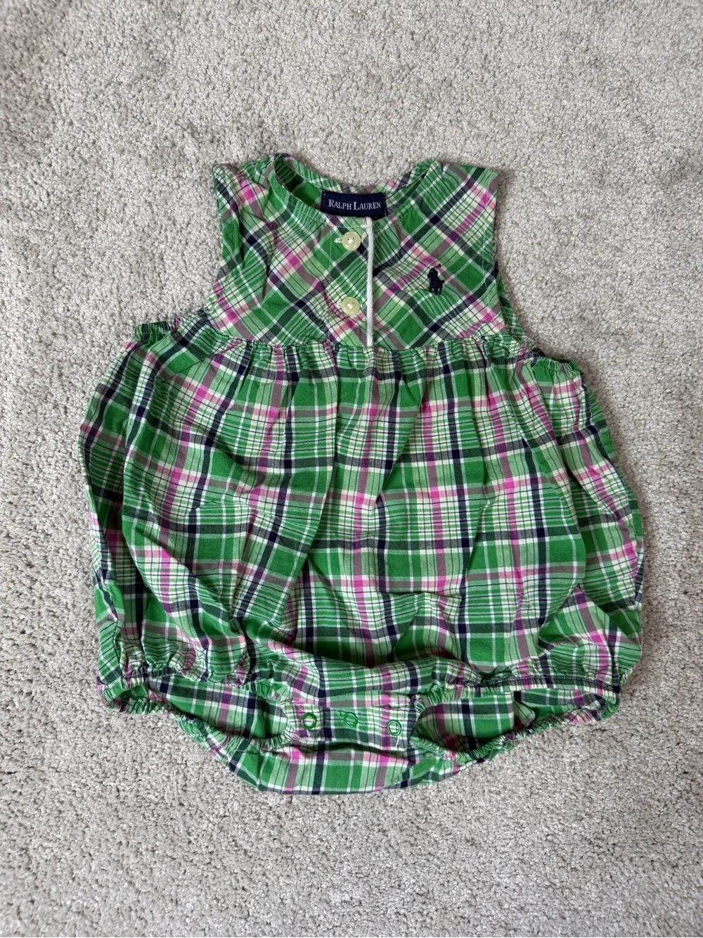RALPH LAUREN Baby Sz M 6-12 Months Green Bubble Romper Multi Plaid Girls Preppy